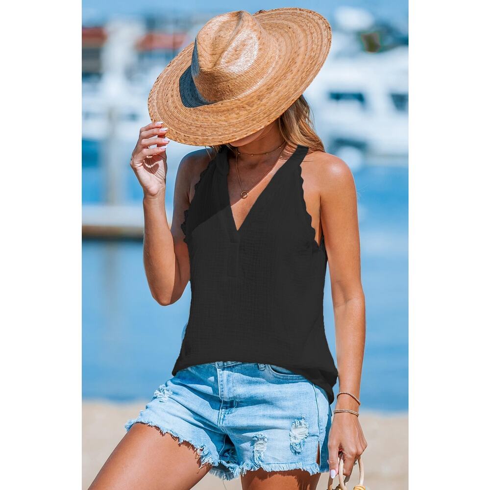 Black V-Neck Lace Trim Sleeveless Top